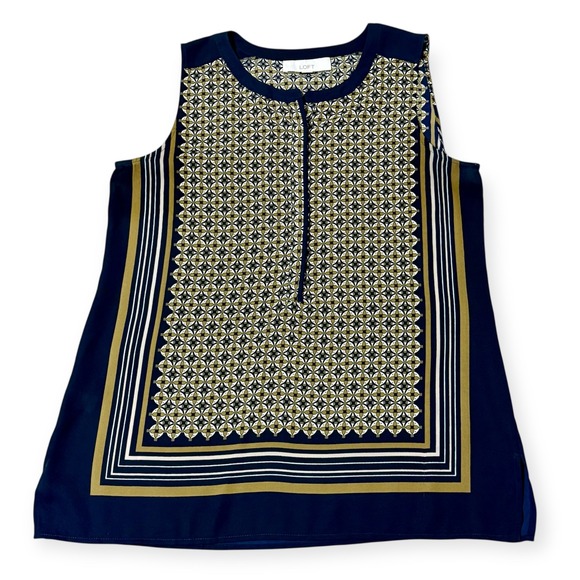 LOFT Tops - Loft Sleeveless Sz-Medium Geometric Print‎ Button Neck Blouse Women's Navy Gold